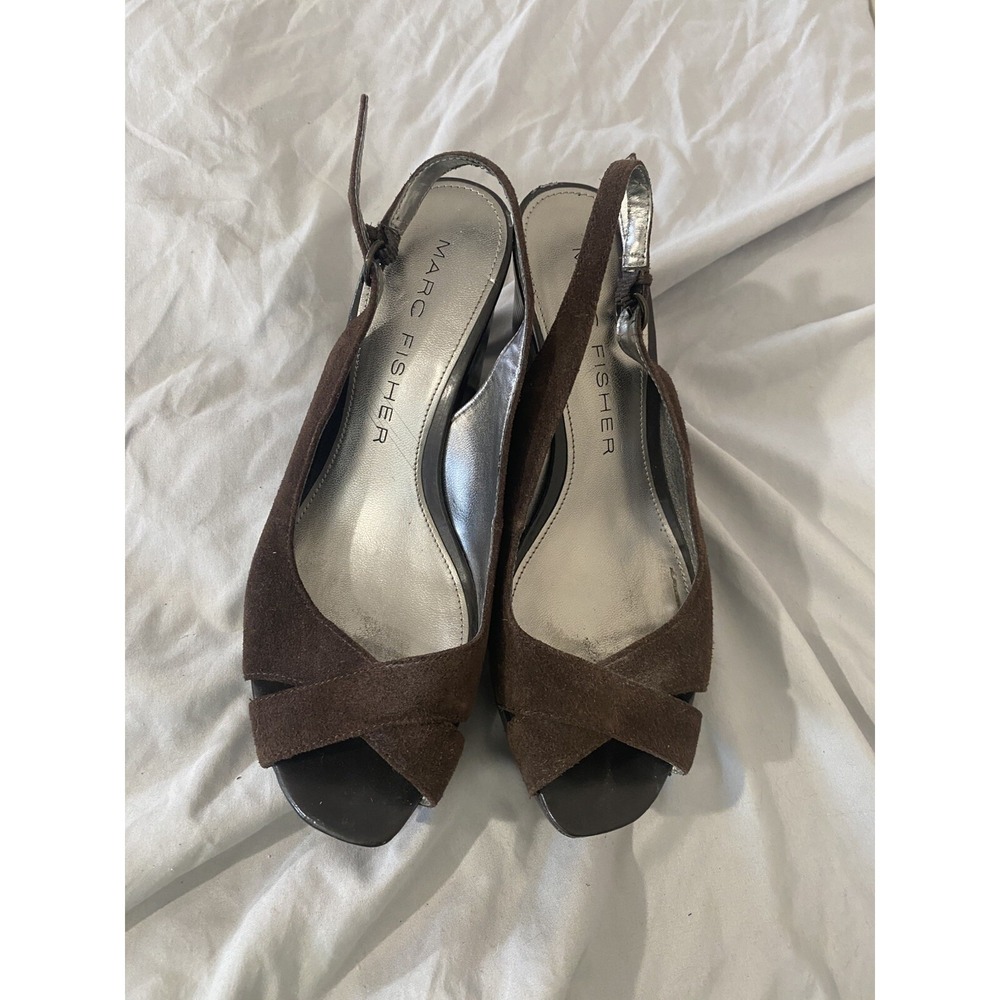 Marc Fisher Women's 7.5M Glow Slingback Wedge Brown Leather Upper Casual Luxury